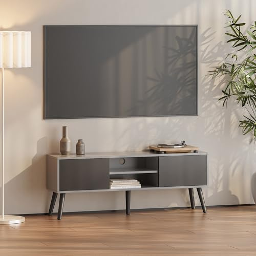 Tv-bänk Tv-skåp Mediaförvaring Sidobord Sideboard med 2 Dörrar Öppna Hyllor 5 Ben i Trä Max.20 kg Melaminbelagd Spånskiva Kabelgenomföring Ljusgrå Svart 120x29,5x46,5cm