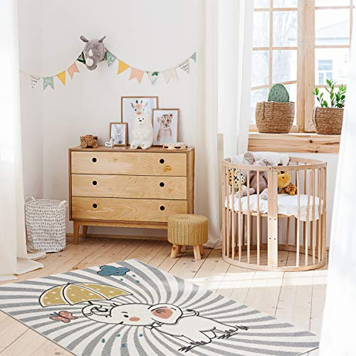 payé Teppich Kinderzimmer - Cream - 80x150cm - Spielteppich Babyzimmer süßer Elefant mit einem Regenschrim - Kurzflor Kinderteppich - Oeko-Tex Standard 100