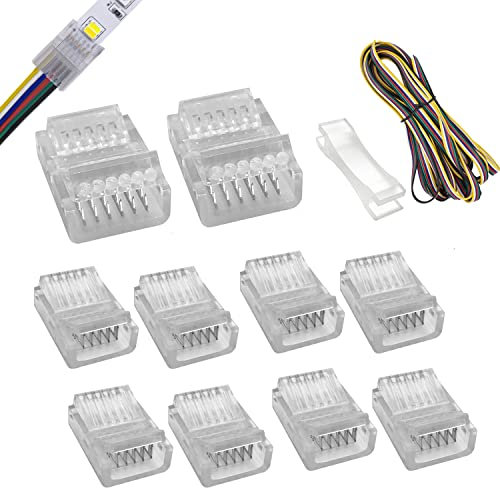 LED-Anschluss 6-polig, 12 mm breit, mit 5 m Verl ngerungskabel für wasserdichte oder nicht wasserdichte RGB-WW- oder RGB+CCT-LED-Streifenlichter – 10 Stück (Strip to Wire)