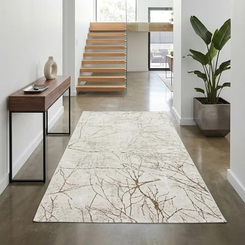 Teppich-Traum Kurzflor Teppich Ästemuster Creme 80x150 cm | Pflegeleicht, strapazierfähig, schmutzabweisend, seitlich gekettelt, fußbodenheizungsgeeignet, mit Glanzeffekt, 8 mm Flor