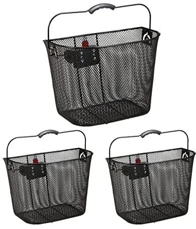 3 x Fahrradkorb für vorne, abnehmbar, mit Klicksystem, Lenkerkorb aus Metall, engmaschig, HxBxT 27x34,5x26cm, schwarz