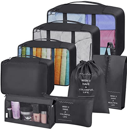 Koffer Organizer Set 8-teilig, Packing Cubes, Wasserdichte Reise Kleidertaschen, Packtaschen für koffer, Verpackungswürfel mit Schuhbeutel, USB Kabel Tasche(Schwarz)