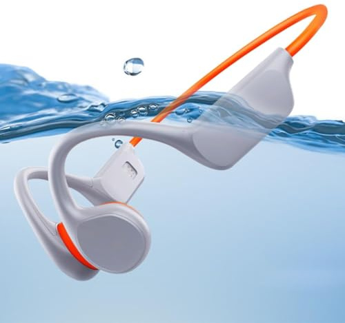 fesoklaf Knochenleitungs Kopfhörer, IPX8 Wasserdicht Schwimmen Kopfhörer mit 32G Speicher, Bluetooth 5.3 Open Ear Sport Kopfhörer mit Mikrofon Kabellos für Laufen Schwimmen Radfahren Workout (Orange)