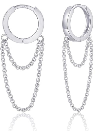 Sterling Silver Chain Earrings for Women, Silver Hoop Earrings, Tassel Drop Dangle Earrings,Small Huggies Hoop Earrings Gifts for Girls White Gold
