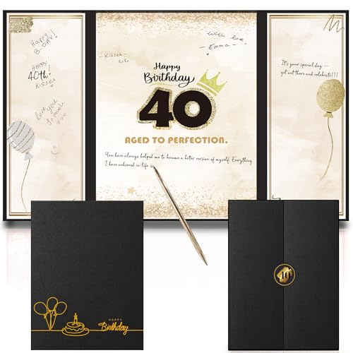 DOUBLESHOOT 40th Birthday Guest Book – Foldable Black and Gold Sign-in Poster Board Keepsake for Men or Women – Spark Foil Printed Gift – 12x18 Inch Display – Aged to Perfection – Pen Not Included