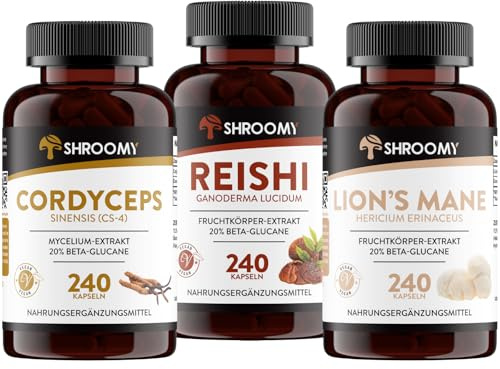 SHROOMY 3er Set Vitalpilz Kapseln – Lion’s Mane (Hericium erinaceus), Cordyceps (Cordyceps sinensis) & Reishi (Ganoderma lucidum) – jeweils 240 vegane Kapseln