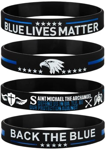 Sainstone Blue Lives Matter Thin Blue Line Back The Blue Silicone Bracelets with St Michael The Archangel Prayer, American Flag - Support Law Enforcement Inspirational Gifts for Police Cops (Unisex)