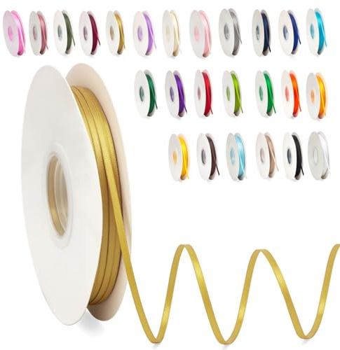 Satinband Reiches Gold 3mm, 91m Satinbänder Schleifenband Dekoband Doppelseitig Geschenkband Geschenkverpackung Bänder zum Luftballons Blume Handgefertigt Wide Satin Ribbon 0.3CM for Wedding Car