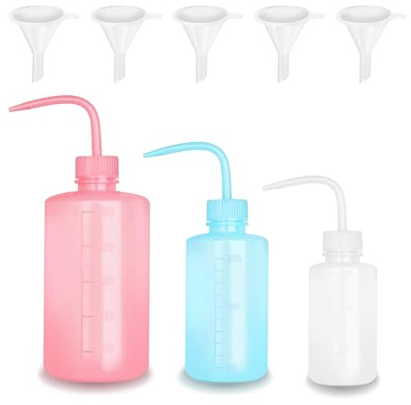 Glarks 8Pcs 150ML/5oz, 250ML/8.45oz, 500ML/16.9oz Plastikwaschflaschen, 3Pcs Klar/Blau/Rosa Farbe Tattoo Wasser Spritzflasche Squeeze Diffuser Flasche Lebensmittelspender und 5pcs Trichter Set
