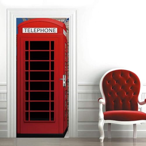 3D Türbildrote Telefonzelle Selbstklebender Türaufkleber, Türposter, Türtapete, Türkunst, Türwandaufkleber, Türfoto 90 X 210 Cm Für Wohnzimmer Schlafzimmer Badezimmer Küchentür Dekoration -4B3X3K0A5L