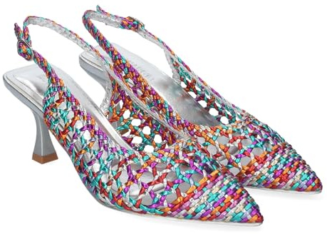 84258 Zapato de Tacon Fino para Mujer, Comodo y Elegante, Estilo Salon, de Punta Fina, de Material Entrelazado, y Cierre de Hebilla. Multi Talla 38