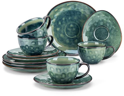 vancasso Serie Starry, Set da Caffè Servizi da Caffè 12 Pezzi con 4 Piatti da Dessert, 4 Tazza da Caffè, 4 Piattini per 4 Persone, 270 ML Servizio di Tazze da Caffè in Gres, Colore Vintage Verde