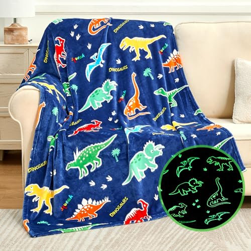 SOCHOW Couverture Dinosaure phosphorescente pour garçons et Filles, Jouets pour Enfants de 3 à 10 Ans, Cadeaux d'anniversaire, Couverture en Flanelle Douce et Confortable pour Enfants, Bleu, 127 x