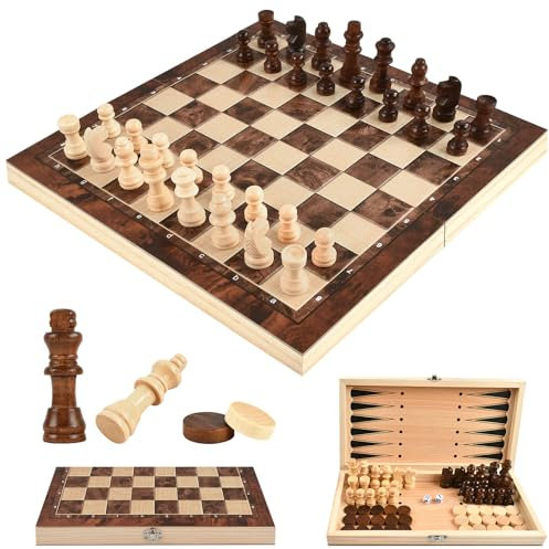 Schachspiel aus Holz, Schach Dame Backgammon 3 in 1 Schachbrett Holz Hochwertig, Einklappbar Reiseschach, Chess Board Set Tragbares mit Schachfiguren für Kinder Erwachsene Drinnen Draußen Reisen