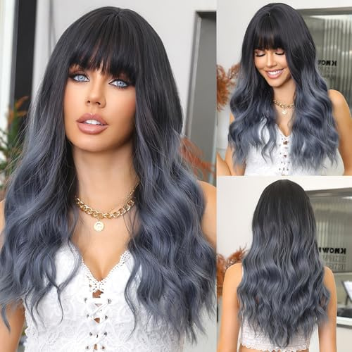 CGVG Ombre Graublaue Perücke Damen Lange Lockige Wellige Perücke mit Pony Natürliche Synthetische Hitzebeständige Perücken für Frauen Damen Halloween Cosplay Kostüm Blue Wig