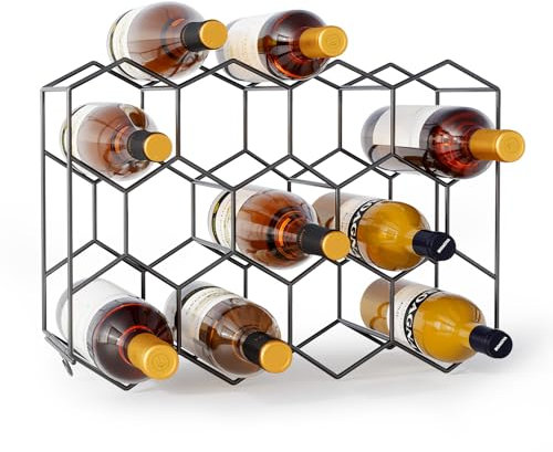 Urban Deco Weinregal für 14 Flaschen aus Metall, Flaschenregal schwarz mit 2 Haken für 2 Weingläser, Weinregal klein für Küche, 43 x 13,6 x 31 cm