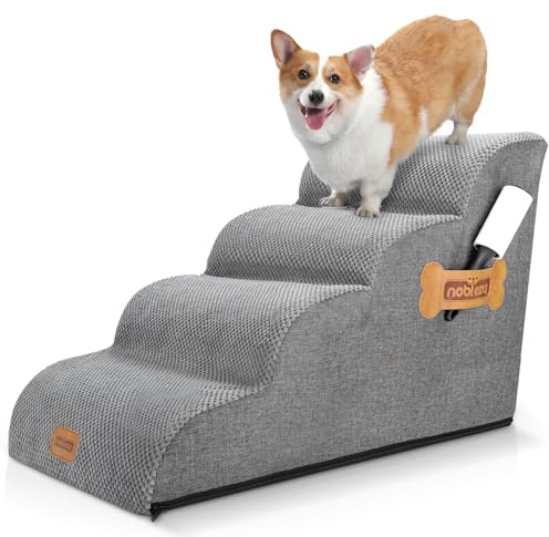 Nobleza Escalier pour Chien, Rampe pour Chien et Chat, 4 Marches Antidérapant avec Rouleau Anti-Peluche, Gris, Éponge et Coton