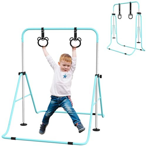 HOMCOM Kids Gymnastics Bar, Horizontal Bar for Kids, Adjustable Height Folding Gymnastics Equipment with Rings, Non-slip Rubber Floor Rings, for Home, Flat, Green