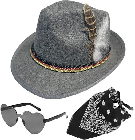 Oktoberfest Hut Herren Damen, Cowboyhut mit Bandana und Herz Brille, Oktoberfest Männer Outfit Set Oktoberfest Accessoires, Bayerischer Hut mit Kopftuch und Brille, Oktoberfest Trachtenhut