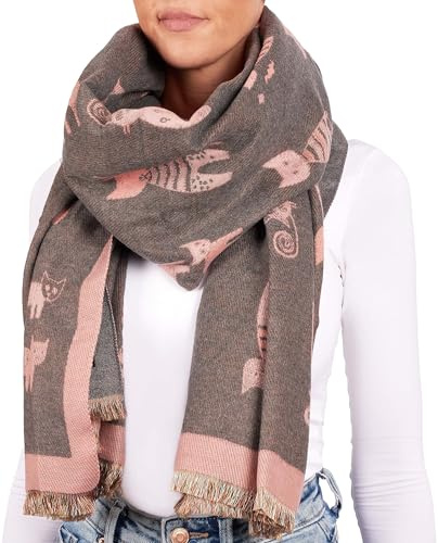 BRUBAKER Cashmirillo Damen Schal mit Katzen Muster - 70 x 200 cm | Warm, Kuschelig und Oversized - Winterschal für Herbst und Winter - Herbstschal - Weiches Kaschmir-Gefühl