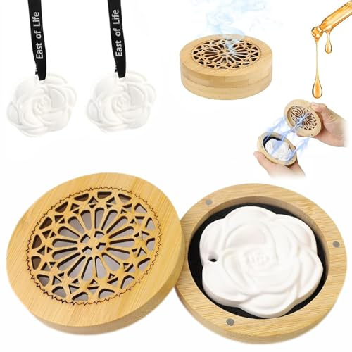 2 STK Duftstein für Ätherische Öle Diffuser Ätherische Öle Klein | Gips Aroma Diffuser mit 1 Hölzerner Räucherkiste für Aromatherapie in Schlafzimmer, Badezimmer Büro Auto Reisen Kinderzimmer