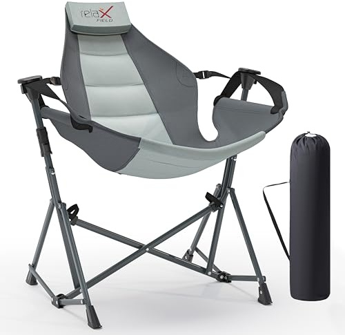 RELAX FIELD Hammock Camping Chair, 3 Heights Swinging Chair with Adjustable Backrest, Folding Rocking Chair with Head Pillow&Cup Holder, Outdoor Chair for Camping and Hiking, Supports 350lbs, Grey