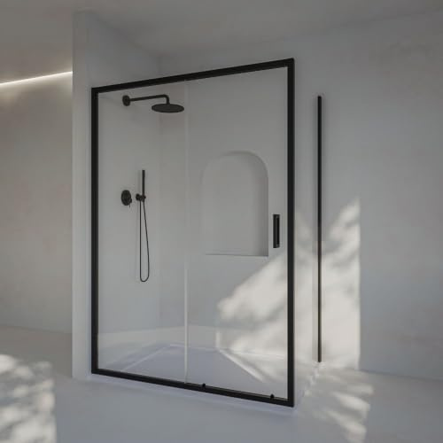 Mampara Angular Frontal 117,5-122,5 cm x Fijo 67,5-70 cm Alto 200 cm Negro | Mampara Angular Frontal (corredera + fijo) + lateral fijo, con perfil inferior, Vidrio de seguridad 6mm tratamiento antical