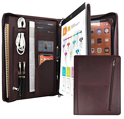 Calfinder Konferenzmappe A4, Schreibmappe A4, Leder, Dokumentenmappe, Ledermappe A4, Aktenmappe a4, Arbeitsmappe, Mappe a4,Geschenke für Fauen, Geschenke für Männer, Dunkelbraun Tablet 12.9