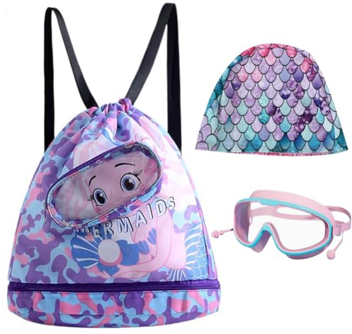 Lunettes De Natation pour Enfants,La Sirène Sacs De Sport à Cordon Enfant Imperméable,Grand Cadre pour Plus De Confort,Bonnet De Bain Rose Violet,Clip Nez Natation Bouchons d'oreilles (3PCS)