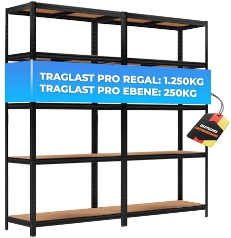 ALL Premium Schwerlastregal 180x90x40cm - 2er Set Schwarz 1250kg Traglast stabiles Kellerregal, Lagerregal & Lastenregal, Regale für kellerraum, Keller Regal 90cm breit & Regal 40 cm tief
