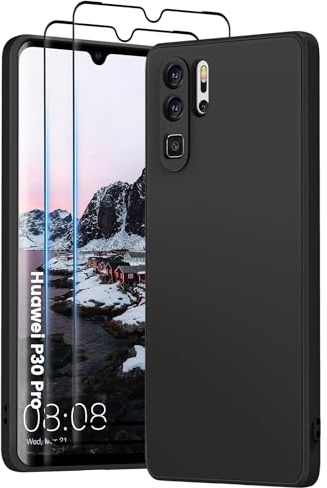 PuyaTeya für Huawei p30 pro hülle, mit 2 Stück 9H Panzerglas | Silikon Handyhülle, stoß- und kratzfest. 4-lagiges Mikrofaser-Innenfutter bietet sanften Schutz, Tiefschwarz
