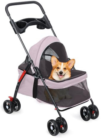3 in 1 Hundewagen, Faltbarer HaustierKinderwagen mit Getränkehalter, Hundebuggy mit 4 Rädern, Hunde/Katzen-Welpenwagen mit Aufbewahrungskorb, wasserdichte Polsterung, Sonnenschutz für kleine (Rosa)
