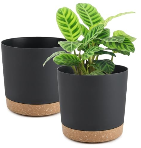 BUYGOO Blomkruka med underlägg, set om 2 plastblomkrukor, blomkruka 20 cm diameter, växtkrukor med underlägg och dräneringshål, runda blomkrukor, för inomhus-/utomhusväxter – svart