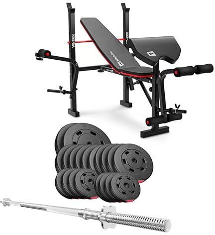 HOP-SPORT® Banc de Musculation Pliable HS-1055 avec Pupitre de Curl, Papillon, Presse Jambes et Set d’haltères de 99 kg, Disques de Poids en Plastique alésage 31 mm et Barre Droite, Noir
