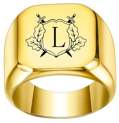 OAKKY Herren Damen Edelstahl Personalisiert Doppelschwert Schild Alphabet A bis Z Initialen Ringe Schmuck Gold L Größe 50 (15.9)