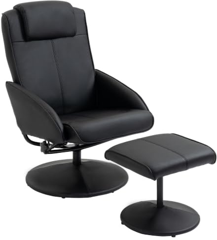 HOMCOM Relaxsessel mit Hocker 360° Drehbarer mit Liegefunktion Schwarz | Fernsehsessel, TV Sessel, Lesesessel für Wohnzimmer, Schlafzimmer, Kunstleder