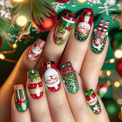 Lot de 24 faux ongles artificiels à coller sur le thème des vacances avec Père Noël et boîte cadeau pour fêtes et réunions de famille