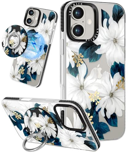 Lotadilo for iPhone 17 Case Compatible with Magsafe Ring Holder Stand - for Women Blue Flower Design TPU Phone Cover for Girls Girly Funny Fashion