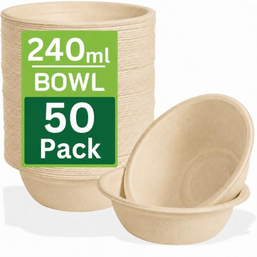 Ask Packaging 50 Pack Strong Paper Bowls – 240ml Small Disposable Compostable Bagasse Bowl for Party – (4.5 x 1.77 inches) Biodegradable Microwavable Soup Bowls - Idea for Dessert Milk Salad Cereals