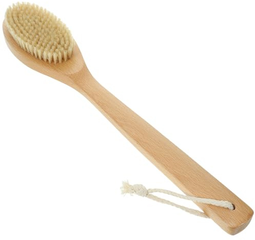Bade Peelingbürste mit Langem Griff aus Buchenholz und Borsten | Beige, Feine Verarbeitung, Lochgriff, Vollständige Reinigung von Kopf bis Fuß