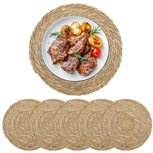 MospdyGear 6Pcs 35cm Handmade Woven Round Placemats, Heat-Resistant Braided Design with Non-Slip Backing for Dining Table, Practical & Decorative for Your Home