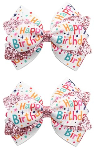 Happy Birthday Ribbon Hair Bow Clips, Hair Bows for Girls, 2 pcs | Sparkling Sequin Accents Add Festive Touch, Sturdy Alligator Clip Holds Securely, Suitable for Birthday Parties and Photos