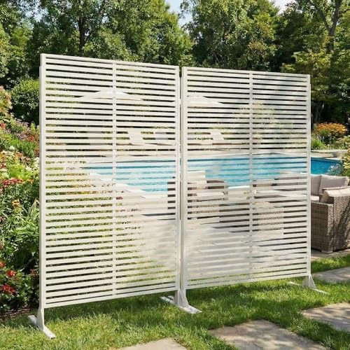Sichtschutz Metall 2er-Set, Freistehender Paravent 180x120 cm, Wetterfester Sichtschutz Für Garten Terrasse Balkon Outdoor Deko, Raumteiler Mit Ständer, Verzinkter Stahl, Horizontalstreifen Weiß