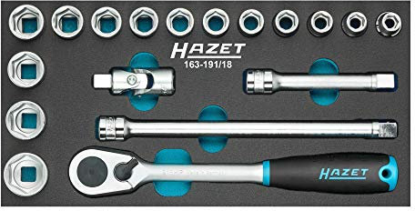 HAZET Steckschlüssel-Satz 163-191/18, 18-teilges Set, Antrieb: Vierkant hohl 12,5 mm (1/2 Zoll), Abtrieb: Außen Sechskant-Tractionsprofil, vielseitig einsetzbar für Reparaturen, Montagen uvm.