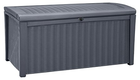 Keter Outdoor Storage Deck Box for Patio, Backyard & Garden, Borneo, 110 Gal, Grey - Lockable, Organizing, and Waterproof Plastic Container Bench