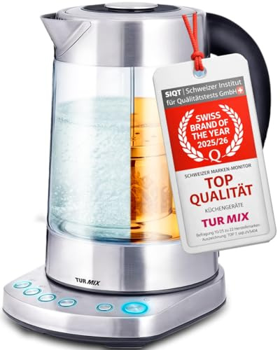 TURMIX 2in1 Teekocher elektrisch mit Wasserkocher Glas 2200W 1,5L Silber, Temperatureinstellung 70–100°C, Mit Manuell Absenkbar und Anhebbar Teesieb, 1 stunde Warmhaltefunktion