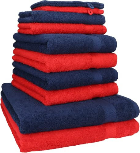 Betz 10-TLG. Handtuch-Set Premium 100% Baumwolle 2 Duschtücher 4 Handtücher 2 Gästetücher 2 Waschhandschuhe Farbe Dunkel Blau & Rot