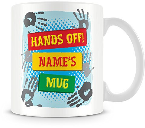 MUGGZ Personalised “Hands Off!” Name Mug – Blue Handprint Design – Add Name – Funny Ceramic Mug 11oz – Custom Gift for Him or Her – Dishwasher & Microwave Safe UK