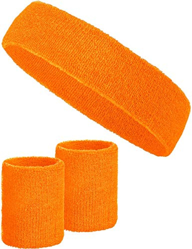 3-delat svettbandsset med 2x svettband för handleder + 1x pannband för kvinnor & män (orange)