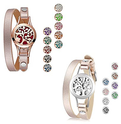 JewelryWe Smycken eterisk olja armband rostfritt stål livets träd locket medaljong aromaterapi aromoljor parfym diffusor äkta läder armband med 8 kuddar, Läder